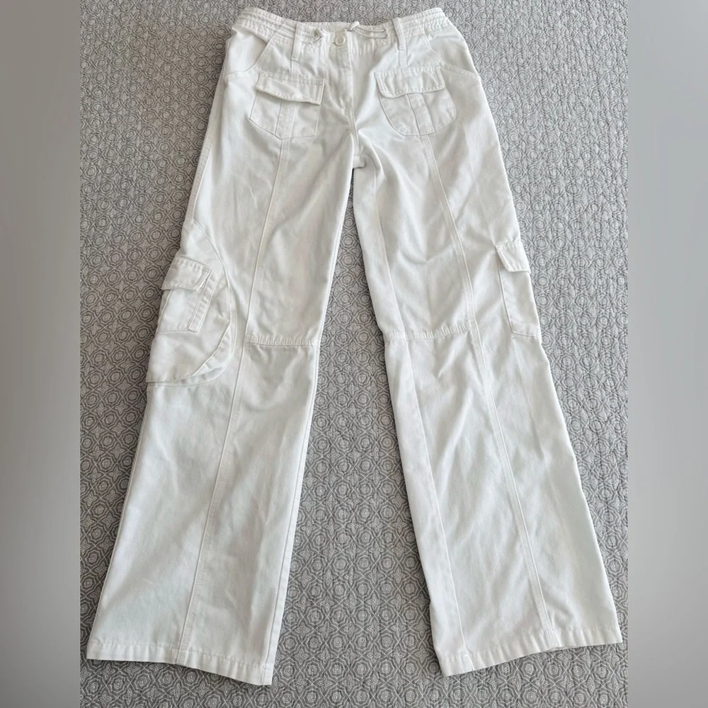 Brandy Melville White Kim Cargo Pants Utility Pockets Bungee Wide Leg XS/S